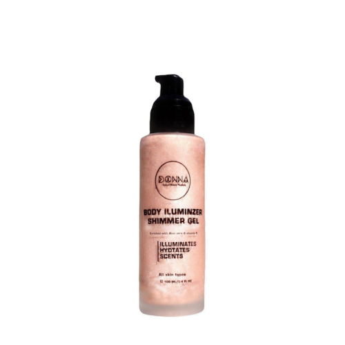 "Image of Donna Natural Sun-kissed Body Shimmer Gel. The product is ashimmery roseglod in glass bottle and a pump dispenser. The gel inside is a shimmery rose gold, perfect for adding a sun-kissed glow to the body. This all-natural formula is gentle on the skin and won't stain clothing. Ideal for achieving a radiant, healthy-looking glow without the use of self-tanner or harmful chemicals. Perfect for brides, makeup artists, occasions, soirees, beach summer days, and dates!"